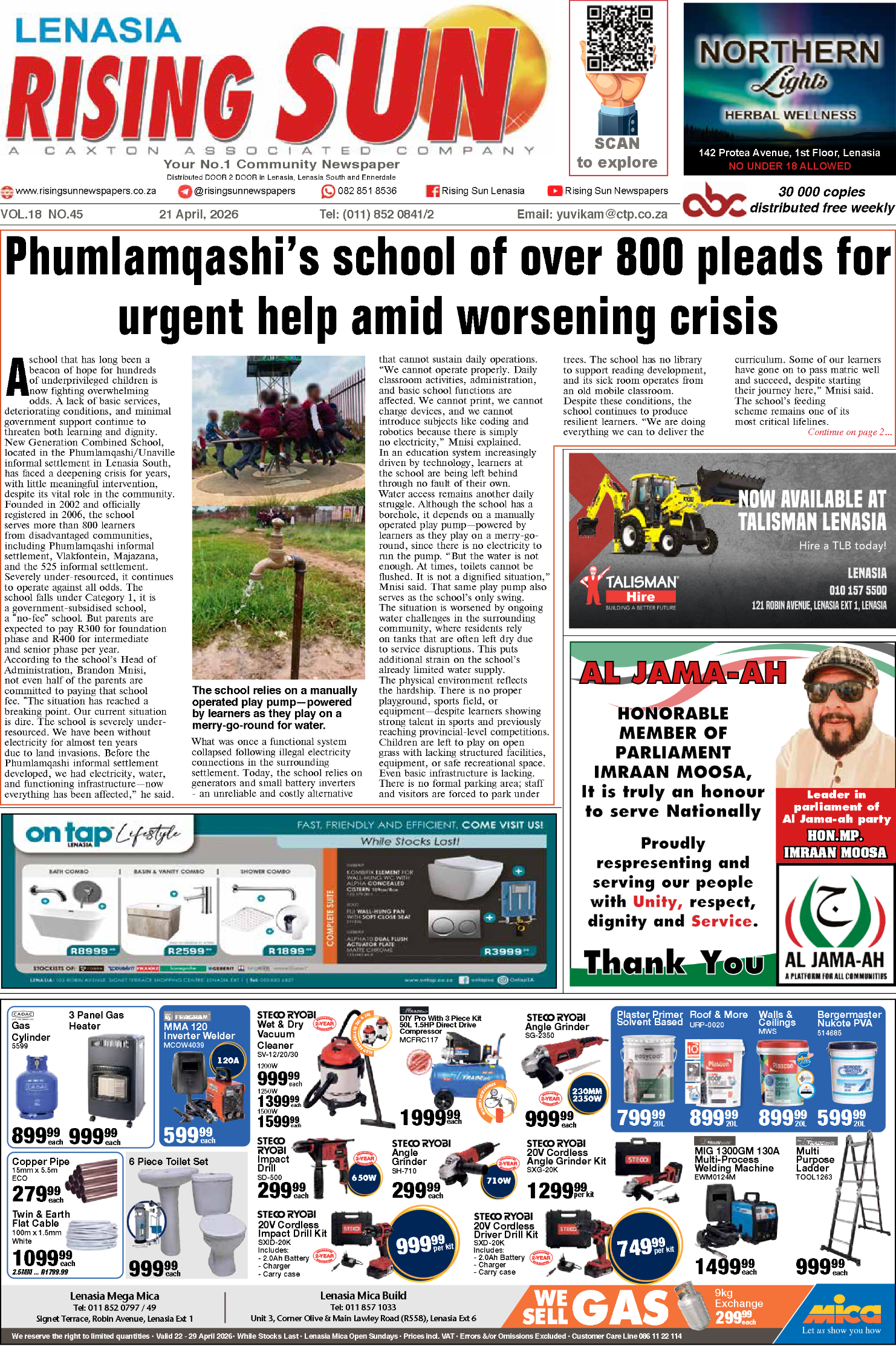 Rising Sun Lenasia E-Paper, April 21, 2026 page 1