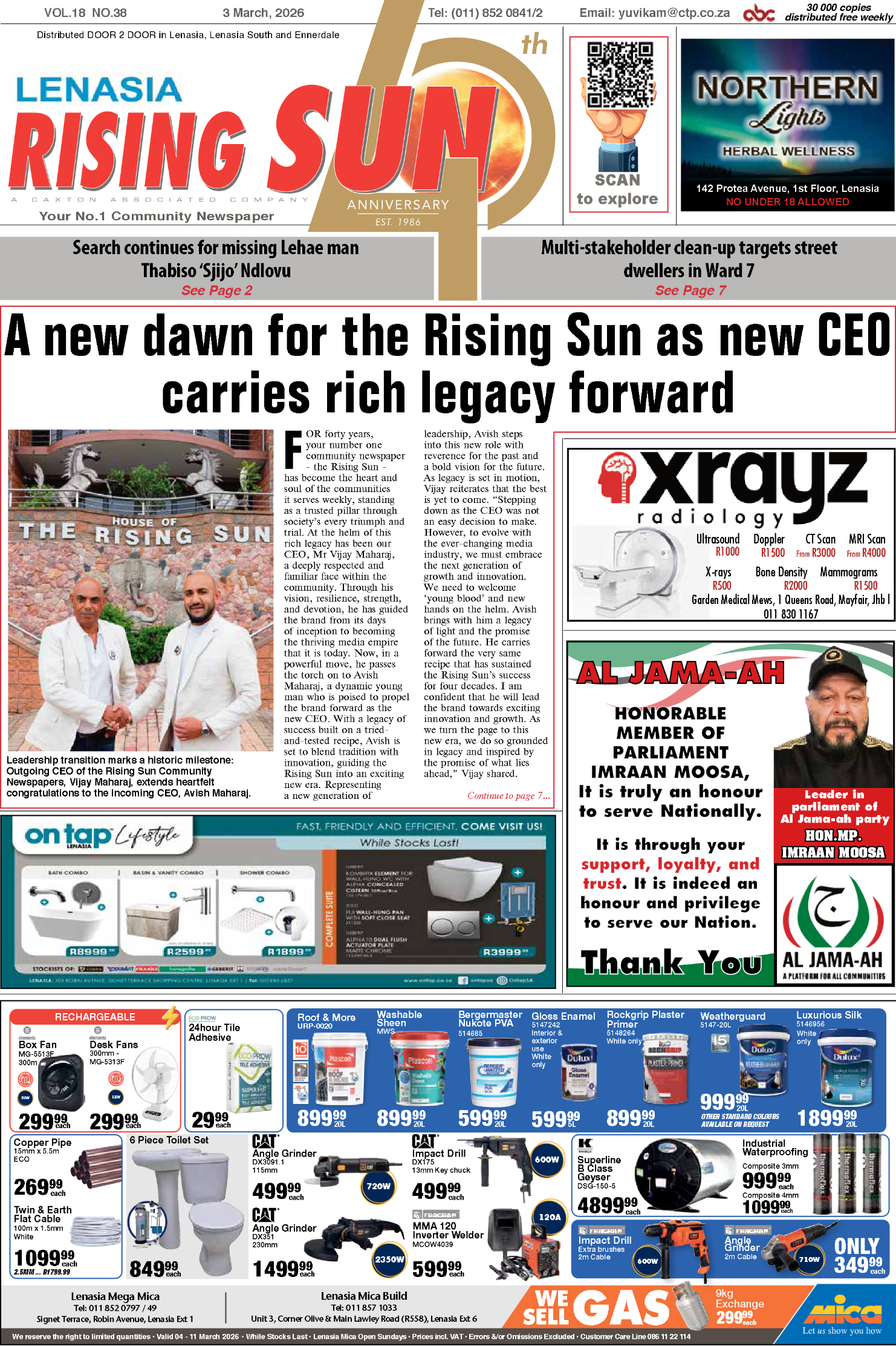 Rising Sun Lenasia E-Paper, March 3, 2026 page 1