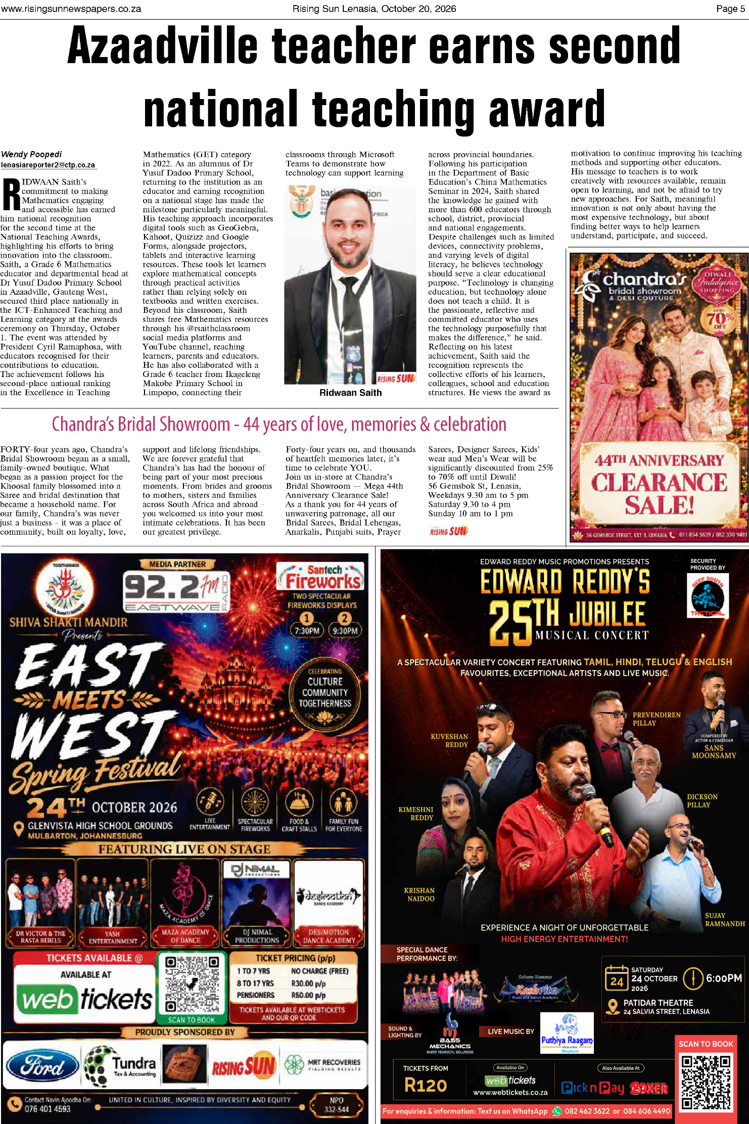 Rising Sun Lenasia E-Paper, October 20, 2026 | Rising Sun Newspapers